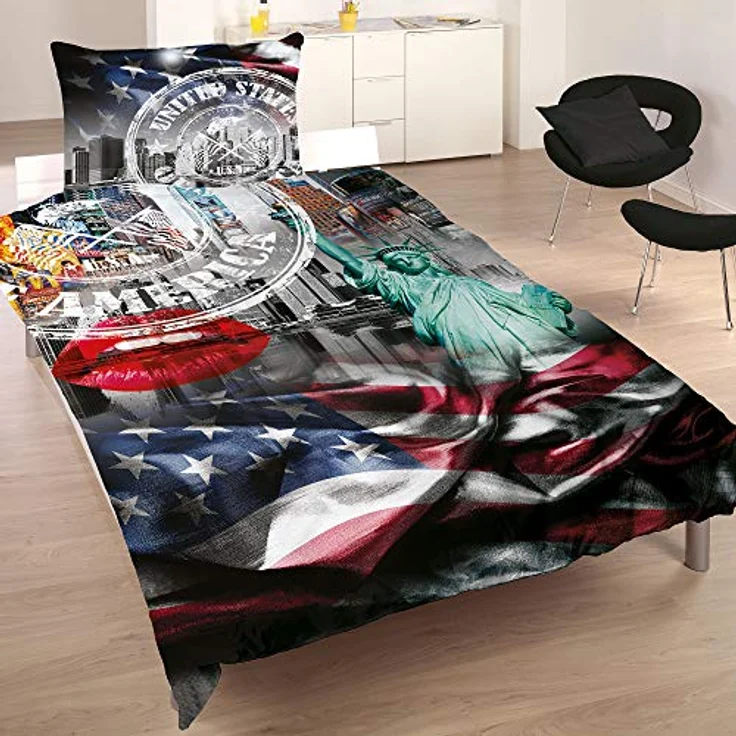 BERONAGE USA Bettwäsche-Set Stars and Stripes 135x200 + 80x80 cm 100% Baumwolle Amerika Bettbezug Blau Weis Rot New York Taxi Las Vegas San Francisco Stern-e Sternchen 2 Motive deutsche Größe Reißverschluss – Bild 3