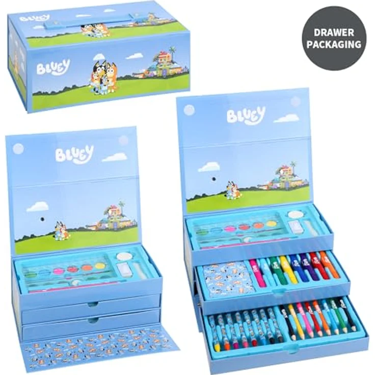 Bluey Farbkasten Mal- & Schreibwaren Set, Farbenfrohes Pastellfarben Koffer mit Buntstiften, Filzstiften und Wasserfarben – Bild 7