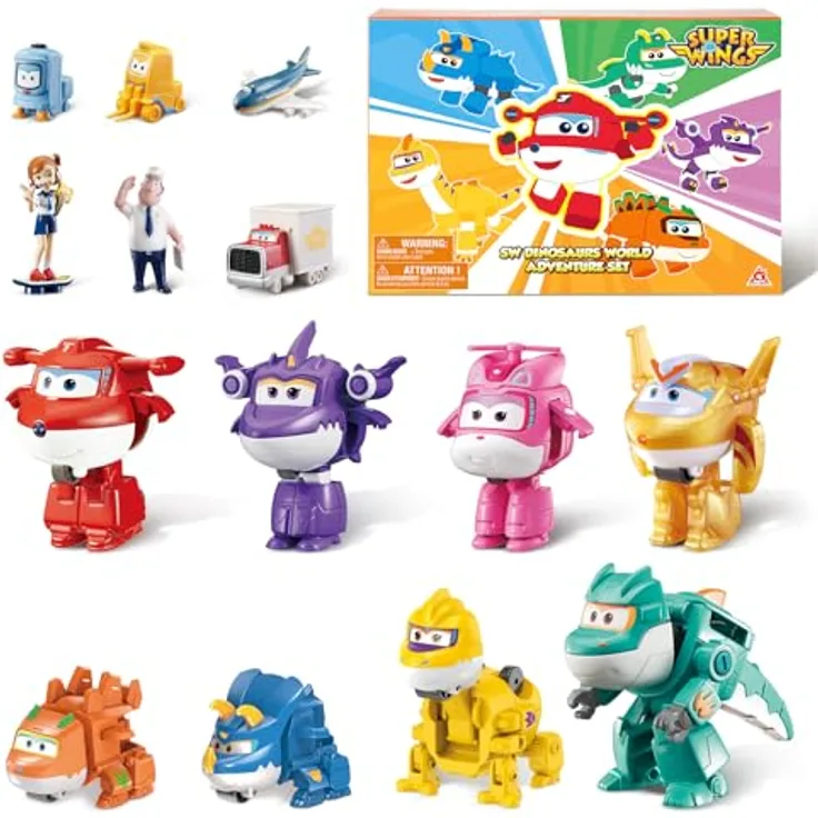 Super Wings Transforming Kinderspielzeug 14 Pack, 2-Zoll-Flugzeug-Spielzeug mit 4 Robotern und 4 Dinosauriern, Pokeable Surprise-Geschenkbox für Jungen und Mädchen ab 3 Jahren
