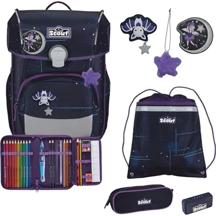 Der echte Scout sicherer Schulranzen, Neo Exklusiv Safety Light Spooky Starlight, 5er-Set, 21,5 l Volumen, 1.250 g Gewicht