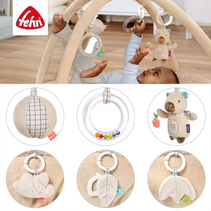 Fehn 3-D-Activity-Decke Capybara Clara, mit 7 abnehmbaren Spielzeugen zur Förderung von Greifen, Sehen und Hören, Ø 85 cm, maschinenwaschbar – Bild 5