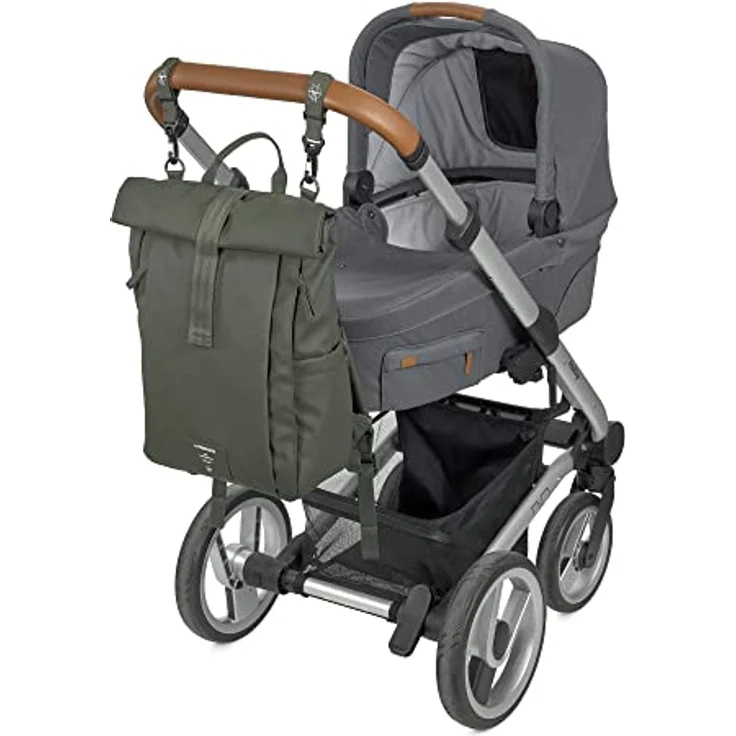 LÄSSIG Baby Wickelrucksack Wickeltasche Rucksack mit Wickelunterlage, Kinderwagenbefestigung, Flaschenhalter nachhaltig produziert/GRE Rolltop Up Backpack olive – Bild 4