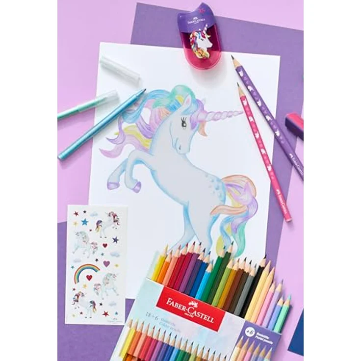 FABER-CASTELL 111221 Buntstifte Set Einhorn, 24 Malstifte in kräftigen Farben, inkl. Pastellfarben, sechseckige Form, bruchgeschützte Minen, praktisches Etui – Bild 3