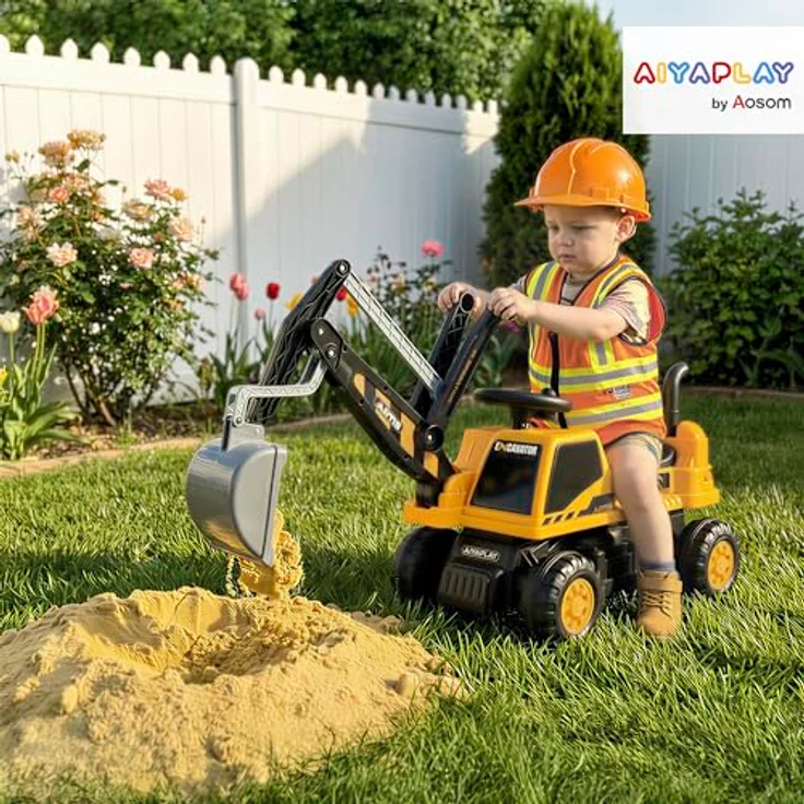 AIYAPLAY Sitzbagger Aufsitzbagger mit manuell bedienbarem Arm und Schaufel, drehbarer Aufbau, verstellbare Rückenlehne, bis 25 kg, Gelb, für Kinder 1,5-3 Jahre – Bild 2