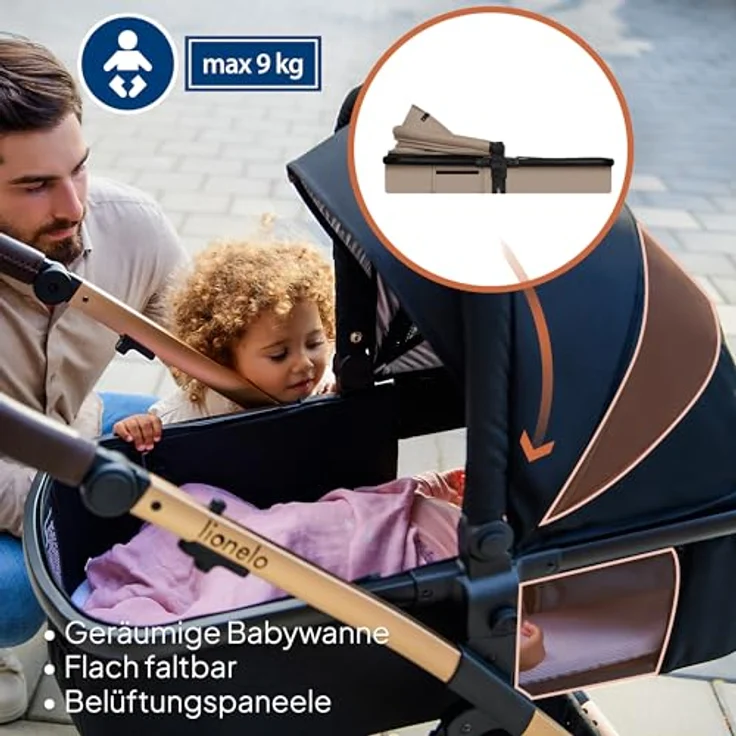 Lionelo Amber 3 in 1 Kombikinderwagen, mit sportlichem Sitz, Babywanne, Autositz und umfassendem Zubehör, Beige Sand – Bild 3