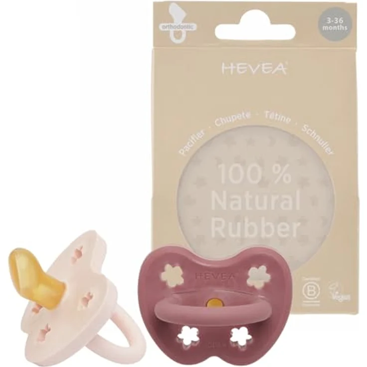 HEVEA Naturkautschuk Schnuller kiefergerecht, 3-36 Monate - hygienisches einteiliges Design, BPA-frei, weich & langlebig - 2er Pack (Puderrosa & Kirschrot) – Bild 1