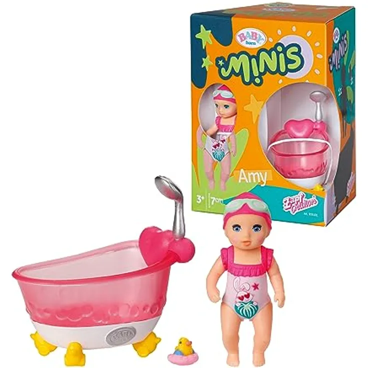 BABY born Minis, Minipuppe mit Badewanne, Spielset mit Bathtub, 7cm große Puppe Amy mit Badewanne und Bade Ente, 906101, Zapf Creation