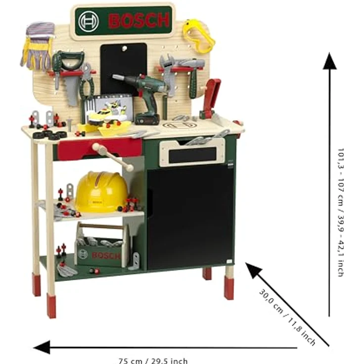 Klein Spielwerkbank BOSCH, Holzwerkbank mit Sound und Lernfunktion, höhenverstellbar, inkl. Bosch Akkuschrauber und Zubehör – Bild 6