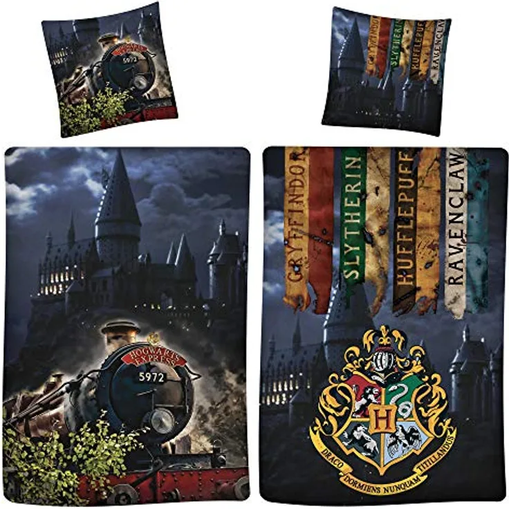 BERONAGE Harry Potter Wende-Bettwäsche Express 9 3/4 135 x 200 + 80 x 80 cm 100% Baumwolle Renforcé-Linon-Qualität mit YKK-Reißverschluss Gryffindor Hufflepuff Ravenclaw Slytherin Hogwarts deutsche Größe