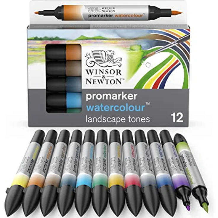 Winsor & Newton 0290167​ ProMarker Aquarellmarker - 2 Spitzen, Pinsel- und feiner Spitze, lichtecht, hochpigmentierte Aquarellfarben für Kalligrafie, Zeichnungen, 12 Farben Set Landschaftsfarben – Bild 1