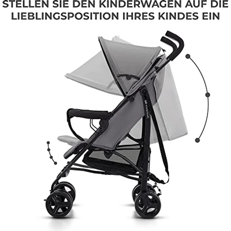 Kinderkraft TIK Liegebuggy, Sportwagen mit Drehbaren Vorderrädern, stufenlos verstellbarer Rückenlehne und verstellbarem Griff, Leichtgewicht 6,5kg, grau – Bild 3