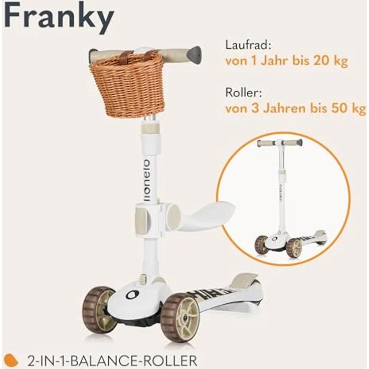 Lionelo Franky 2in1 Kinder Laufrad bis 20 kg Balance Roller bis 50 kg, Höhenverstellbar, LED-Räder, rutschfestes Trittbrett, Korb Beige – Bild 2