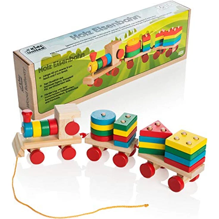 all Kids United® Holz-Eisenbahn Spielzeug-Eisenbahn aus Holz; Kinderspielzeug Sortierwürfel Holz-Zug Lernspielzeug (Holzzug) – Bild 3
