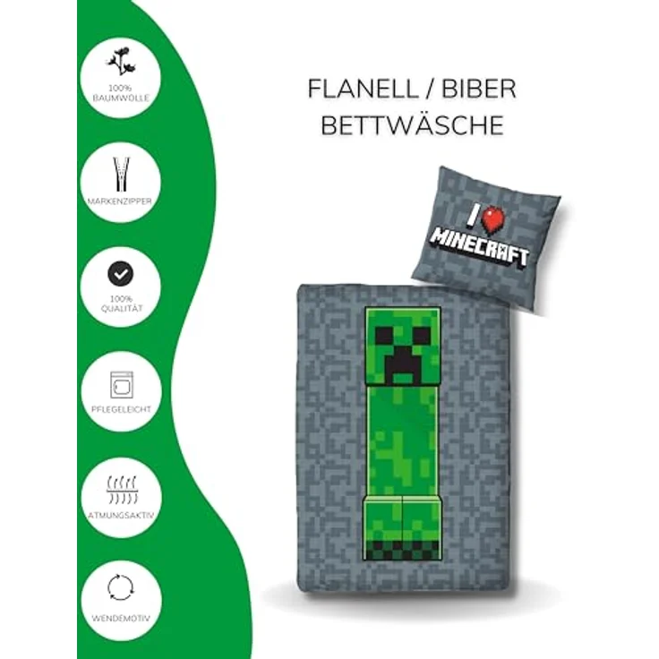 MTOnlinehandel Kinderbettwäsche Minecraft 135x200 + 80x80 cm 100% Baumwolle, Biber, 2 teilig, Wende-Motiv, Gaming, Schriftzug "I love Minecraft" – Bild 4