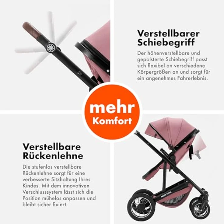 Daliya FLEXI-PRO M 2in1 Kombikinderwagen, leichter klappbarer Buggy mit Liegefunktion, höhenverstellbar und großem Einkaufskorb, rosa Leinen – Bild 9