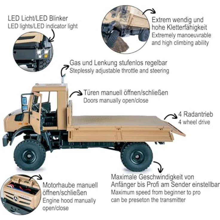 Jamara Kids Mercedes-Benz Unimog U5023, Ferngesteuertes Modellfahrzeug im Maßstab 1:14, beige, mit 2,4 GHz Steuerung und robustem Li-Ion-Akku (900 mAh) – Bild 4