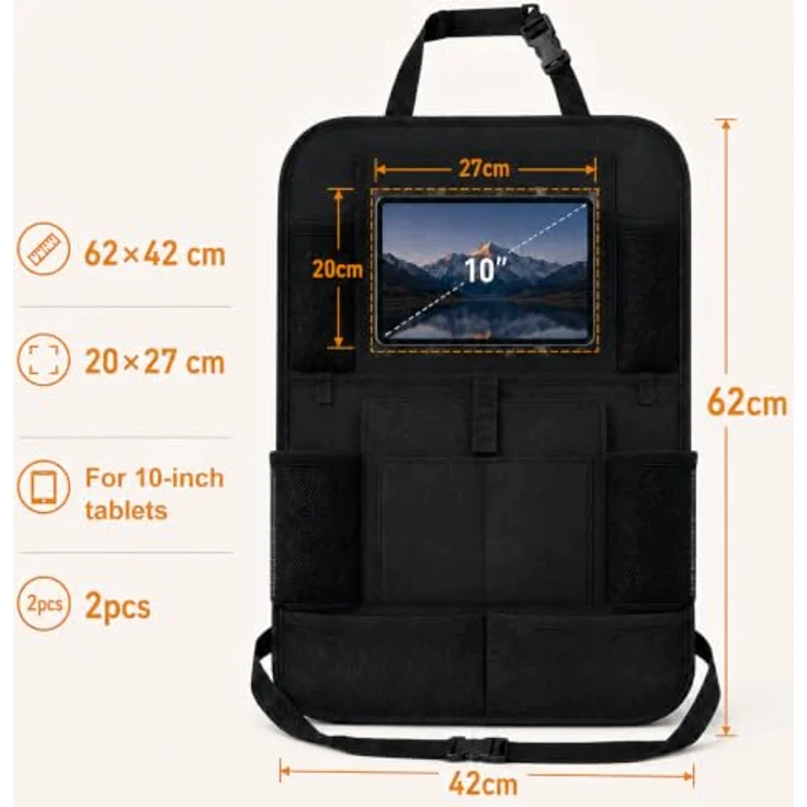 BillyBath Rückenlehnenschutz Auto Kinder, Rücksitzorganizer mit 10 Zoll Tablet-Tasche, 10 Fächern, wasserdichtem Oxford-Stoff, 2 Stück – Bild 3