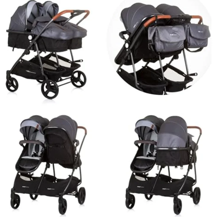 Chipolino Geschwisterwagen Geschwisterkinderwagen Duo Smart, klappbar, umbaubar, verstellbar, mit Fußsack, aluminium/schwarz – Bild 4