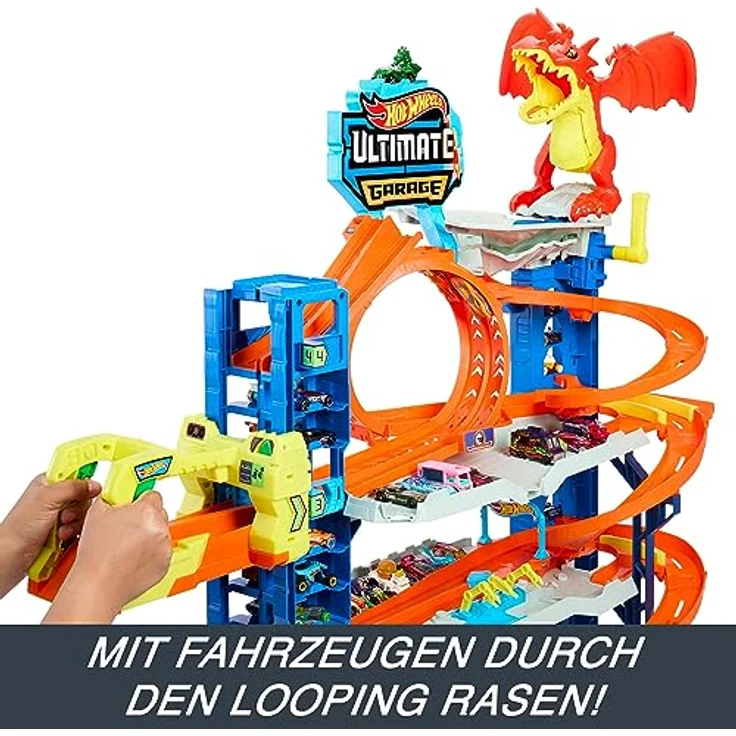 HOT WHEELS Ultimative Garage - Mehrere Ebenen, Rennspaß, Stunt-Abenteuer, Drachenkampf, Autowaschanlage, Looping, Spurwechsler, Fahrstuhl, 2 Autos, für Kinder ab 5 Jahren, HKX48 – Bild 5