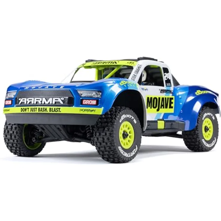 ARRMA Mojave Grom Ferngesteuertes Auto, RC Auto 1/18, Brushless Motor über 30 km/h, inkl. Akku und Zubehör, Blau-Weiß