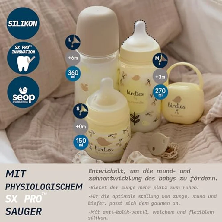 Suavinex Babyflasche 360 ml mit SX Pro physiologischem Silikon-Sauger, Antikolik-Flasche mit dichtem Trinkfluss (L), ideal für Brei, Babys ab 6+ Monaten, Birdies Beige – Bild 2