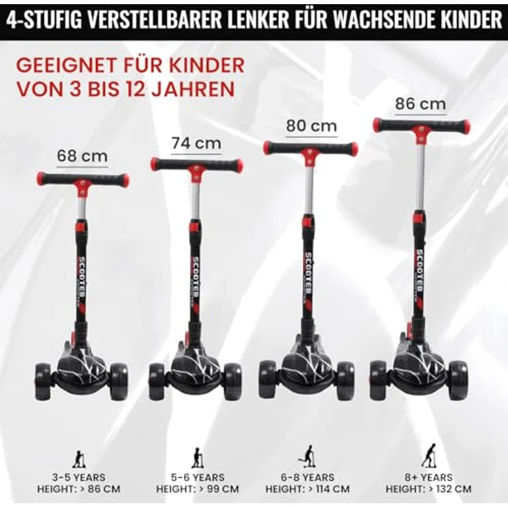 Habib Gruppe Kinderroller, Klappbarer Tretroller mit LED Leuchträdern, Höhenverstellbar für 3-12 Jahre, Schwarz Spinnennetz Design, rutschfeste Griffe & Hinterradbremse – Bild 4