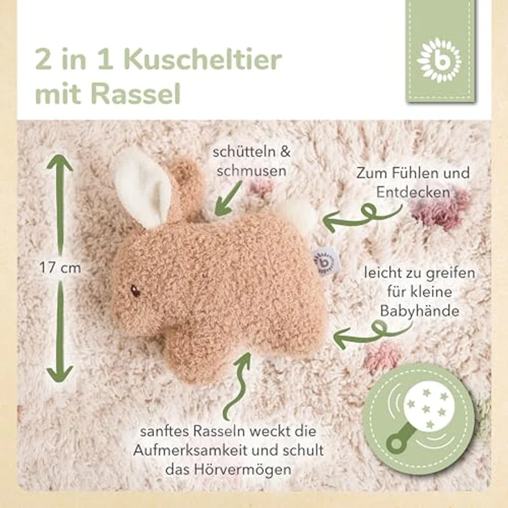 Bieco Kuscheltier Hase Fine mit Rassel aus Bouclé, kleines Stofftier für Babys, ideal für 0-6 Monate, fördert Feinmotorik und Sehvermögen – Bild 3