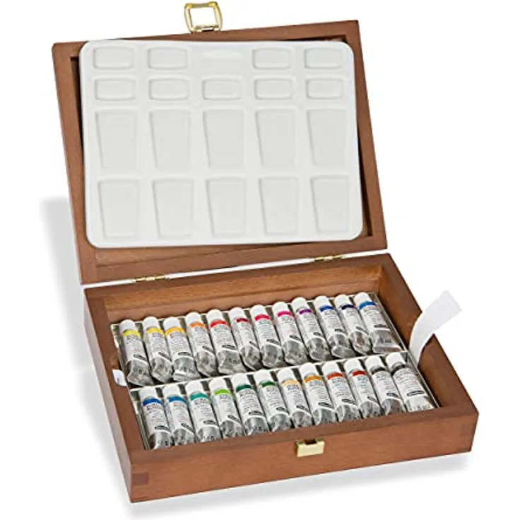 Schmincke HORADAM AQUARELL Farbkasten, 24 x 5 ml Tuben in Nussbaum, mit Porzellanpalette, hochwertiges Malset für Aquarellmaler