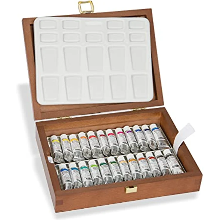 Schmincke HORADAM AQUARELL Farbkasten, 24 x 5 ml Tuben in Nussbaum, mit Porzellanpalette, hochwertiges Malset für Aquarellmaler – Bild 1