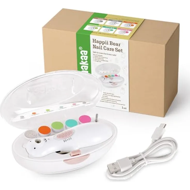 Haakaa HAPPII BEAR Wiederaufladbarer Nagelschneider Set - Elektrischer Baby Nagelschneider - Baby Nagelknipser/Baby Nagelfeile - Flüsterleise & LED-Leuchten, Bärenform, USB wiederaufladbar, Farbcodierte Schleifpads