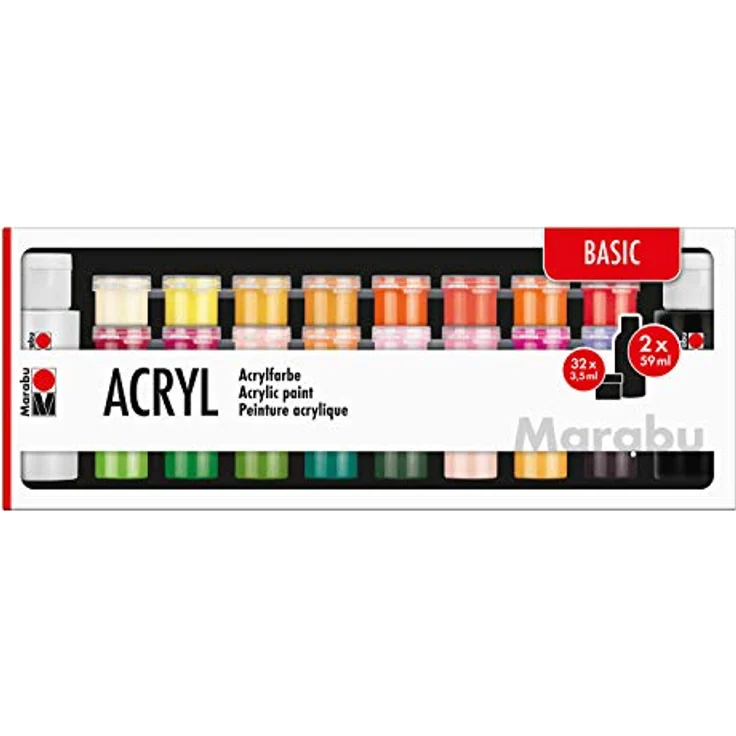 Marabu Acrylfarben Einsteigerset Basic, 32 x 3,5 ml und 2 x 59 ml, wasserfest, lichtbeständig, schnelltrocknend für Keilrahmen, Papier, Pappe, Holz – Bild 1