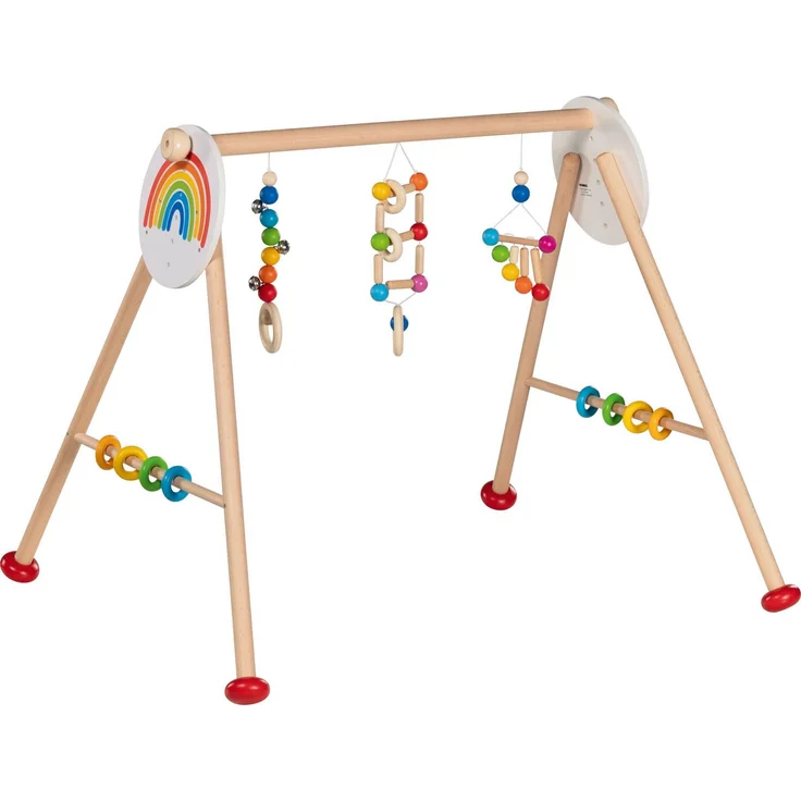 goki Greifspielzeug Baby-Fit Regenbogen, 6-fach höhenverstellbar aus einheimischem Buchenholz mit bunten Perlen und Glöckchen