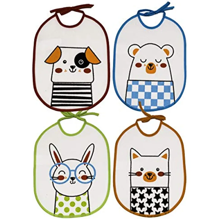 Ti TIN |4er Pack- wasserdichte, Babylätzchen, 23x28 cm | Lätzchen mit Bindeverschluss für Babys von 6 bis 18 Monaten, leicht zu reinigen, 73% Baumwolle, verschiedene Motive und Farben