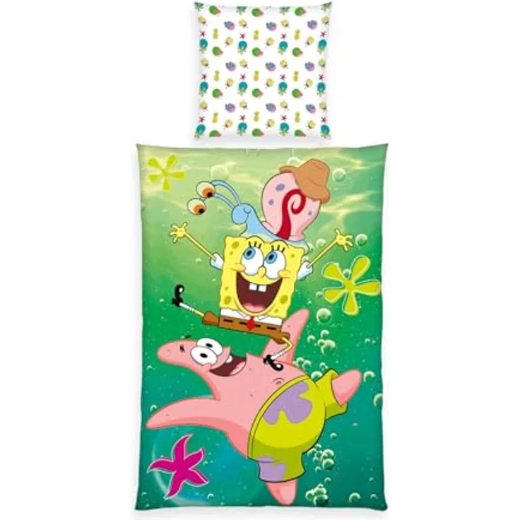 Herding Bettwäsche SpongeBob Schwammkopf, Kopfkissenbezug 80 x 80 cm mit Wende-Motiv, Bettbezug 135 x 200 cm, Mit Reißverschluss, 100% Baumwolle/Renforcé