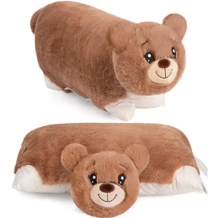 BRUBAKER Kuscheltier-Kissen Bär - 2 in 1 Teddybär und Kuschelkissen - 40 x 30 cm Plüschtier - aufklappbares Kinder Plüschkissen mit Klettverschluss - Tierkissen Stofftier Teddy - Braun