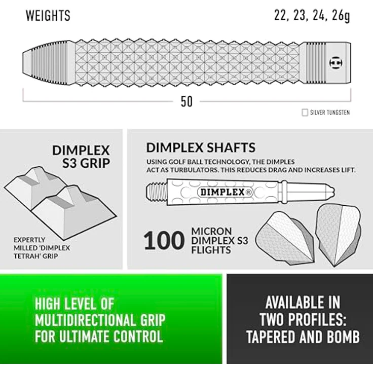 Harrows Dimplex Bomb & Tampered Darts Set, professionelle 90% Wolfram-Dartpfeile, 10-teiliges Set mit schwarzem Dimplex und Tapered Form, 22g – Bild 4