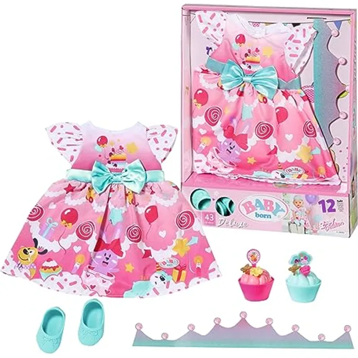 BABY Born Zapf Creation 834152 Deluxe Geburtstag 43cm-Puppenzubehör Puppenkleidung Set bestehend aus Kleid, Schuhen, Papierkrone und Törtchen, rosa türkis