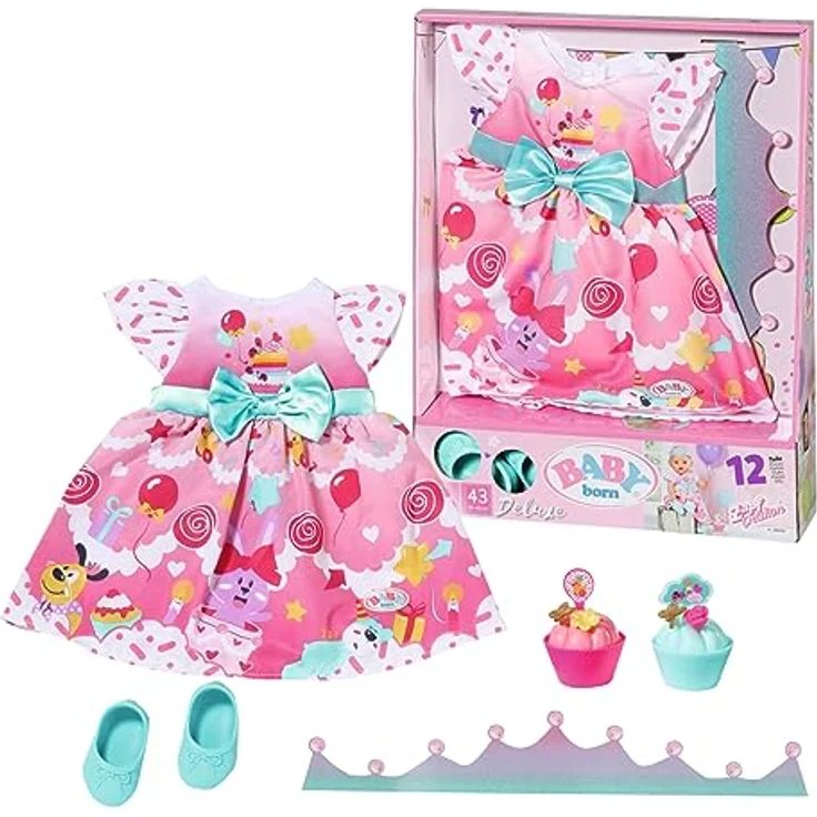 BABY Born Zapf Creation 834152 Deluxe Geburtstag 43cm-Puppenzubehör Puppenkleidung Set bestehend aus Kleid, Schuhen, Papierkrone und Törtchen, rosa türkis – Bild 1