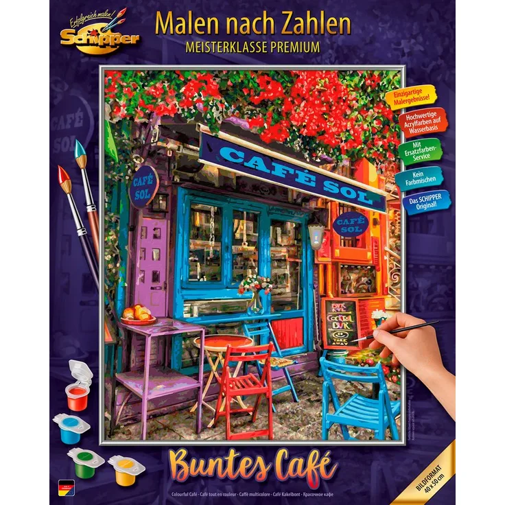 Schipper Malen nach Zahlen Meisterklasse Premium - Buntes Café, Made in Germany, Maltafel 40 x 50 cm, Acrylfarben, Malpinsel und Anleitung