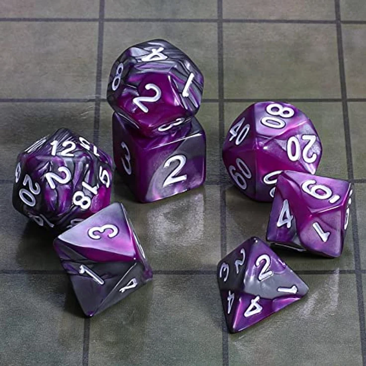 QMAY DND Dice Polyedrisches Würfel Set, 7 Stück für Dungeons und Dragons, Lila gemischtes Silber, inklusive D20, D12, D10, D%, D8, D6, D4, Acryl, wasserdicht und langlebig – Bild 2