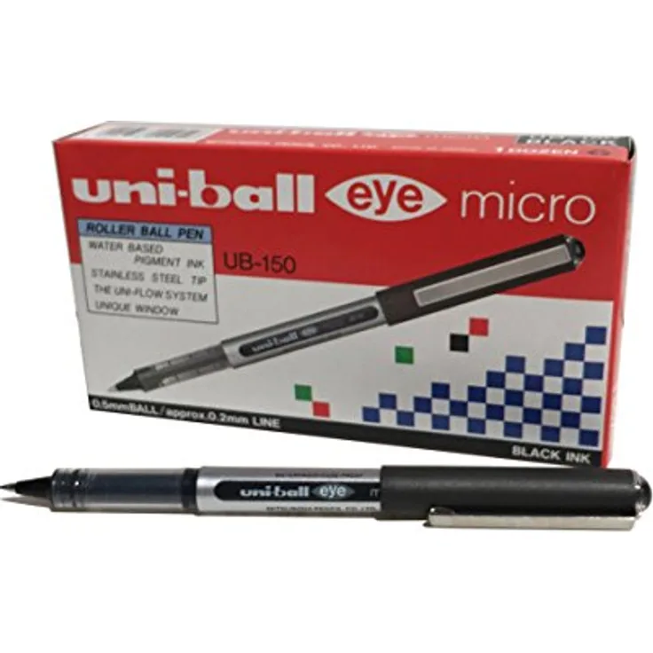 Uni-ball Eye Micro UB-150 Schreibstifte, Tintenroller mit lichtbeständiger und wasserfester Tinte, schwarz, 12er Pack