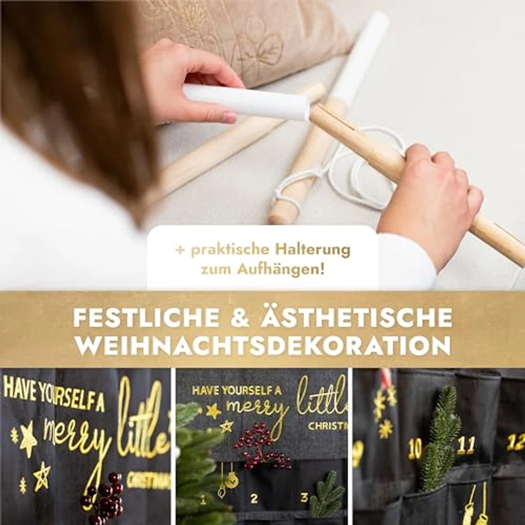 AMARI ® Adventskalender XXL Wandkalender (70 x 130 cm) mit 24 Fächern zum Befüllen, Stoff - Schwarz-Gold, inklusive E-Book für kreative Füllideen – Bild 4