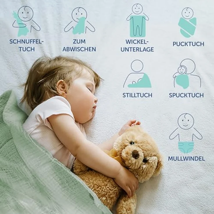 MAKIAN 8 Stück Baby Mullwindeln 80x80 cm Set - Doppelt gewebt, weich aus 100% Baumwolle, Oeko-TEX® Standard 100 geprüft, maschinenwaschbar - Mint Blau Weiß – Bild 5
