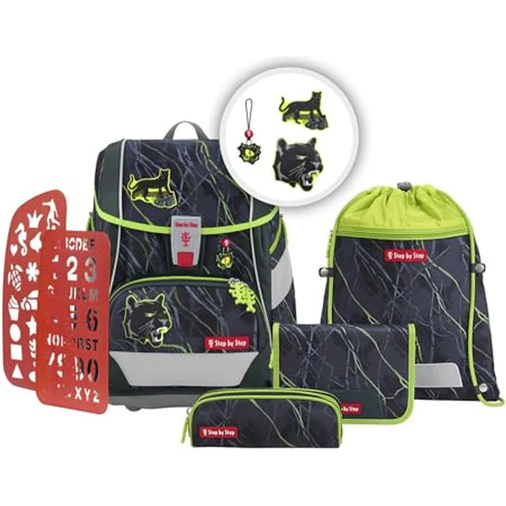 Step by Step Schulranzen-Set 2IN1 PLUS „Danger Cat Chiko“, grau-grün, ergonomischer Tornister mit Reflektoren, höhenverstellbar mit Hüftgurt, 19L, 6-teilig für Jungen ab der 1. Klasse – Bild 1