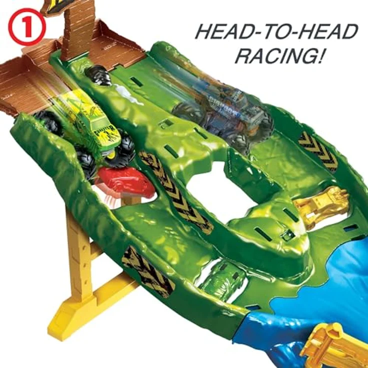 Hot Wheels HJG32 - Monster Trucks Rennstrecke Spielset mit den Monster Trucks Bigfoot und Gunkster für Kopf-an-Kopf-Rennen, Autospielzeuge für Kinder ab 4 Jahren - Preisvergleich – Bild 4