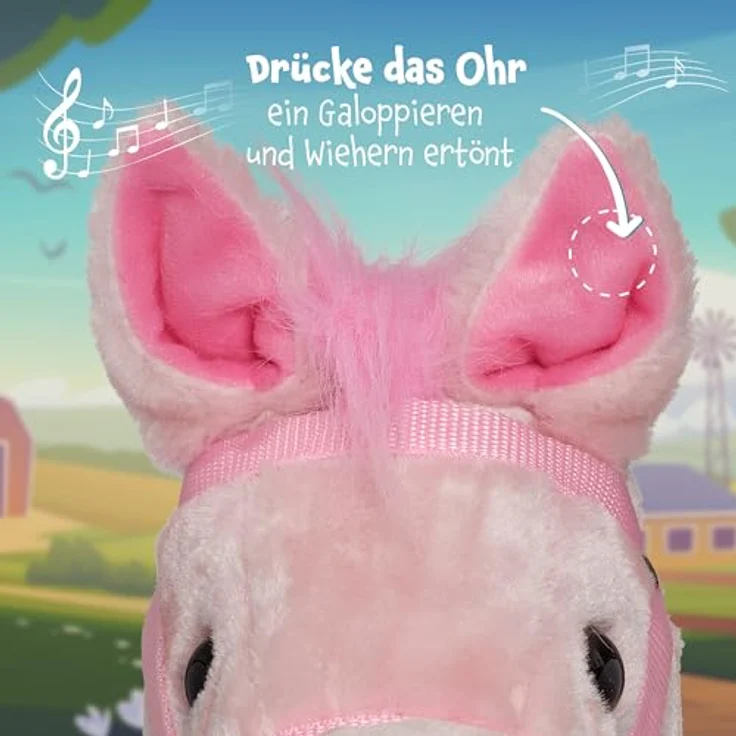 Pink Papaya Steckenpferd Sparkles, süßes Stoffspielzeug mit Soundfunktion – Gewieher und Galoppgeräusch, 65 cm mit Haltegriffen und Holzlaufrollen – Bild 4