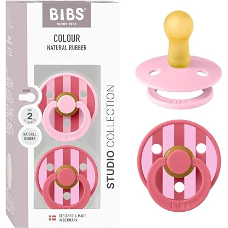 BIBS Colour Studio Schnuller 2er-Pack, BPA-frei, Kirschform Nippel aus Naturkautschuk/Latex, Größe 2 (6-18 Monate), Block Baby Pink Coral – Bild 1