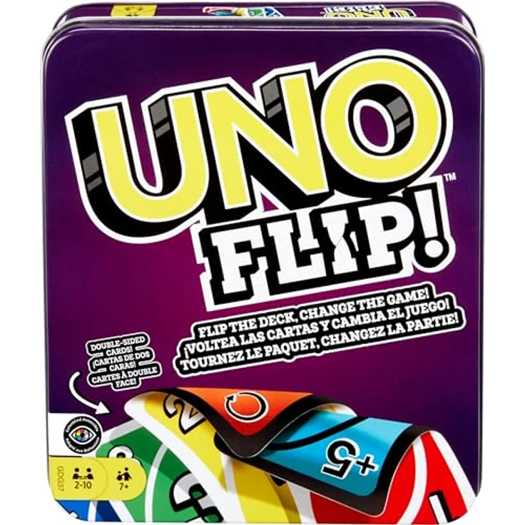 Mattel Games UNO Flip, Klassisches Kartenspiel in robuster Metalldose mit beidseitig bedrucktem Deck und neuen Aktionskarten, für die ganze Familie, GDG37 – Bild 1