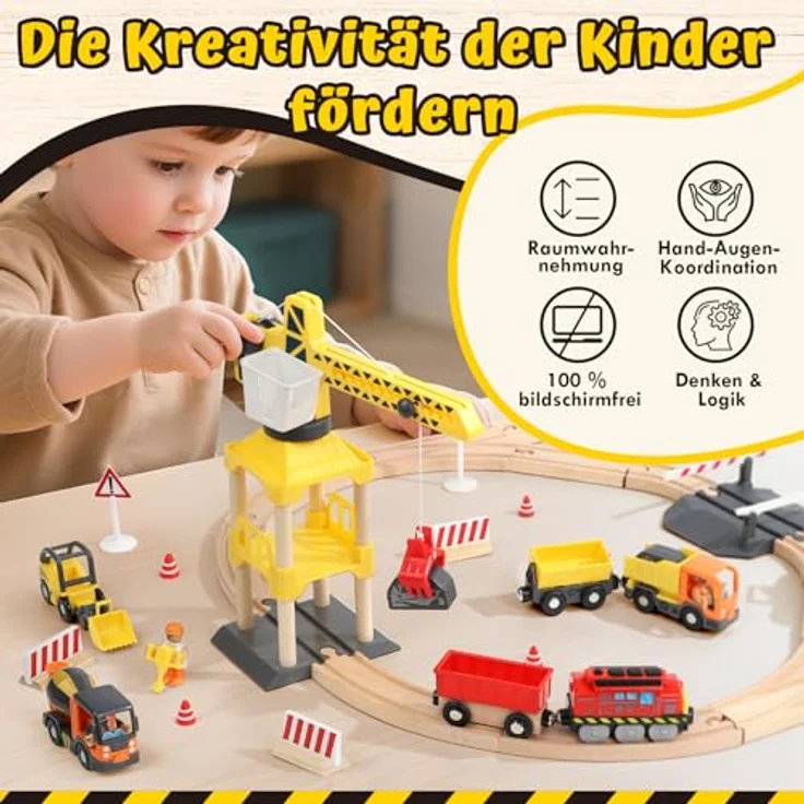 Lehoo Castle Holzeisenbahn Set, 68-teilig mit elektrischer Lokomotive und multifunktionalem Magnetkran, kompatibel mit gängigen Holzeisenbahnen, Holz Spielzeug für Jungen ab 3 Jahren – Bild 2