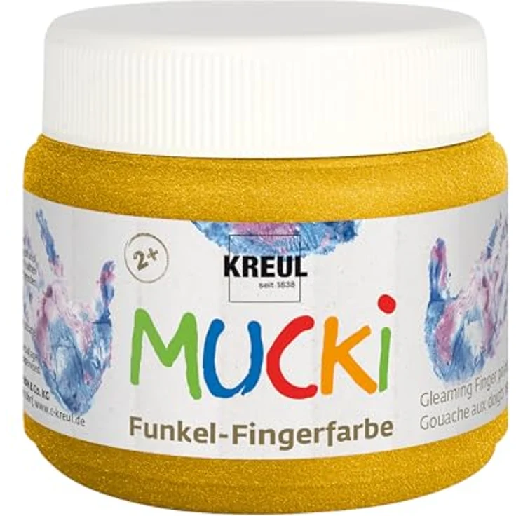 KREUL MUCKI Funkel Fingerfarben, 6 Glitzerfarben in Diamanten-Blau, Zauber-Lila, Feenstaub-Rosa, Drachen-Silber, Smaragd-Grün, Goldschatz, vegan, gut auswaschbar – Bild 5